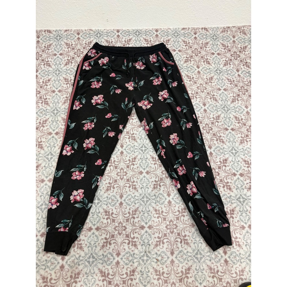 Indero Floral Jogger Pants Black Pink Rose Print Side Stripe Size L/XL
